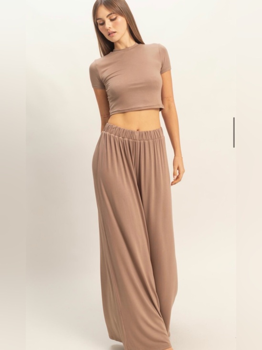 NWT HYFVE Elastic-Waist Wide-Leg Pants and Top Set in Taupe - Small